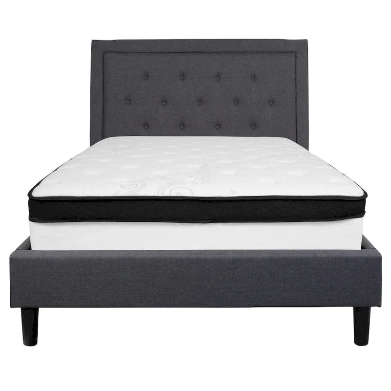 Cadre de lit plateforme capitonné – Gris foncé / Beige / Gris clair / Noir, Simple/Double/Queen/King, 1-2 personnes