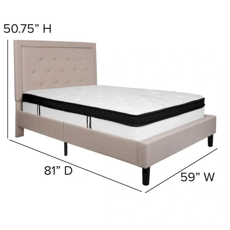 Cadre de lit plateforme capitonné – Gris foncé / Beige / Gris clair / Noir, Simple/Double/Queen/King, 1-2 personnes