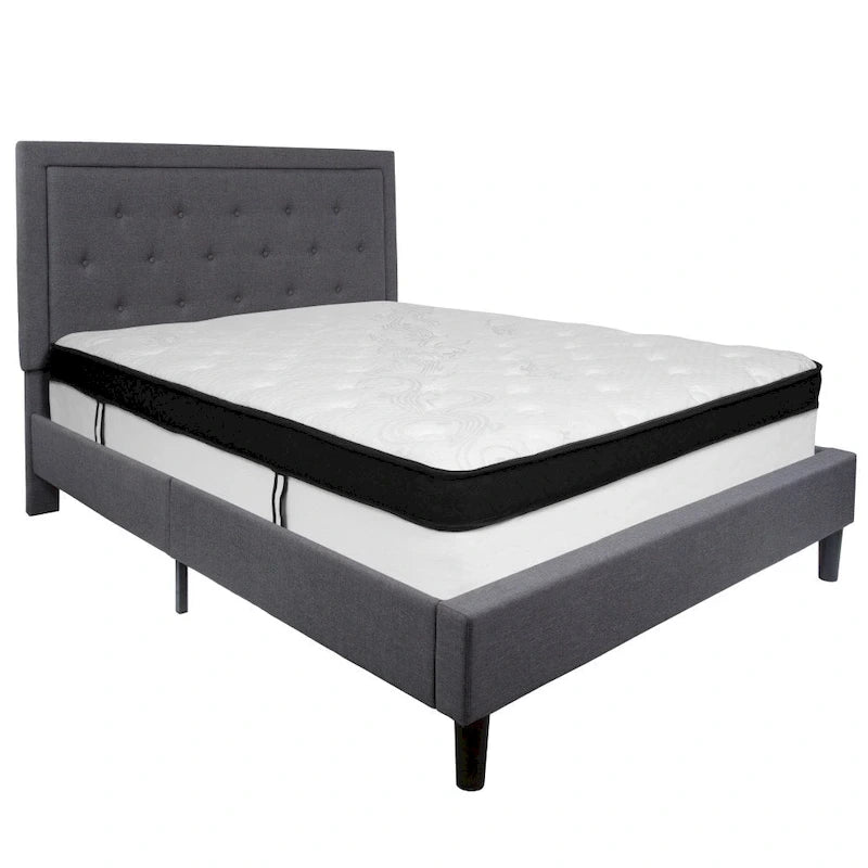 Cadre de lit plateforme capitonné – Gris foncé / Beige / Gris clair / Noir, Simple/Double/Queen/King, 1-2 personnes