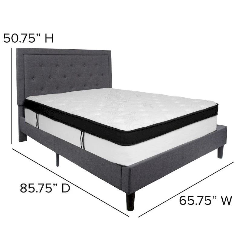 Cadre de lit plateforme capitonné – Gris foncé / Beige / Gris clair / Noir, Simple/Double/Queen/King, 1-2 personnes