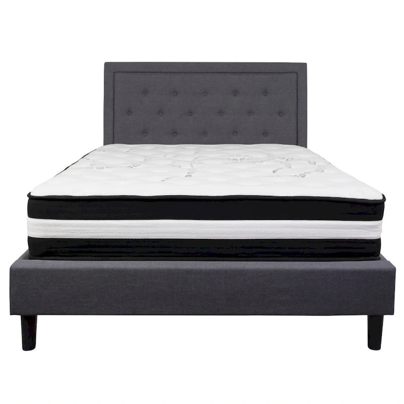Cadre de lit plateforme capitonné – Gris foncé / Beige / Gris clair / Noir, Simple/Double/Queen/King, 1-2 personnes