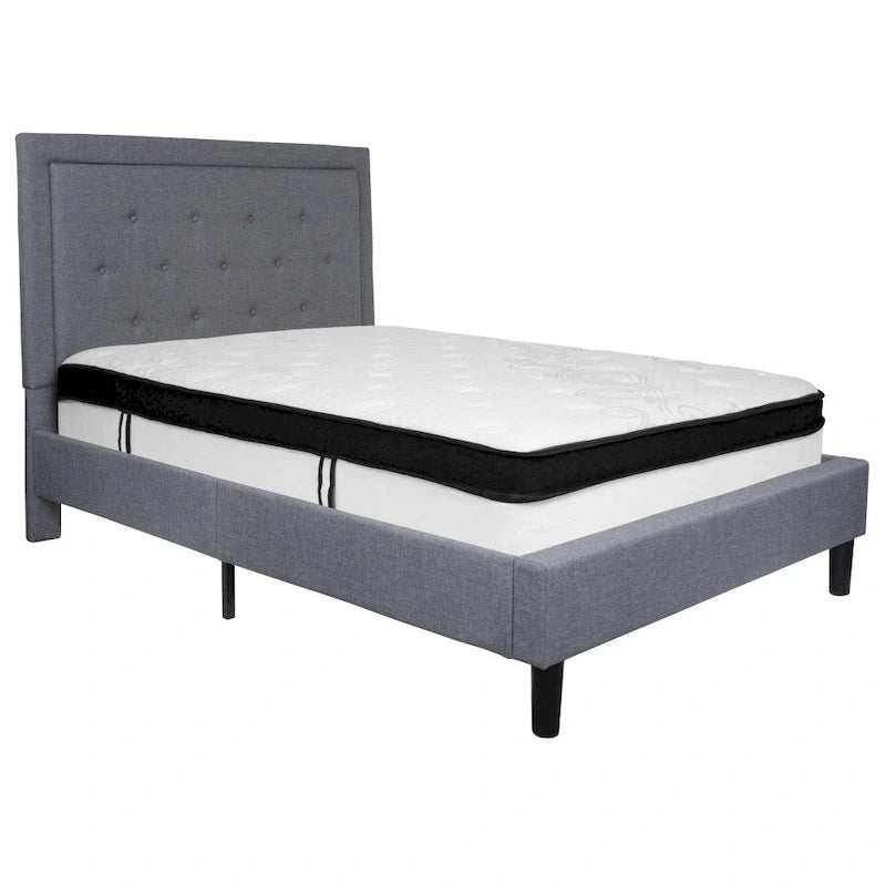 Cadre de lit plateforme capitonné – Gris foncé / Beige / Gris clair / Noir, Simple/Double/Queen/King, 1-2 personnes