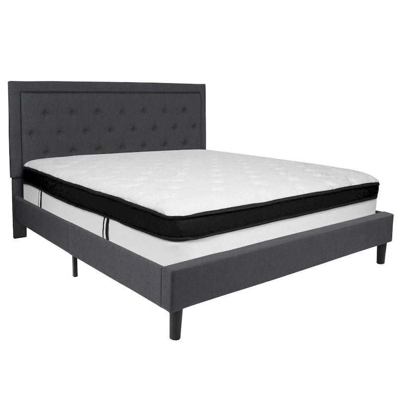 Cadre de lit plateforme capitonné – Gris foncé / Beige / Gris clair / Noir, Simple/Double/Queen/King, 1-2 personnes