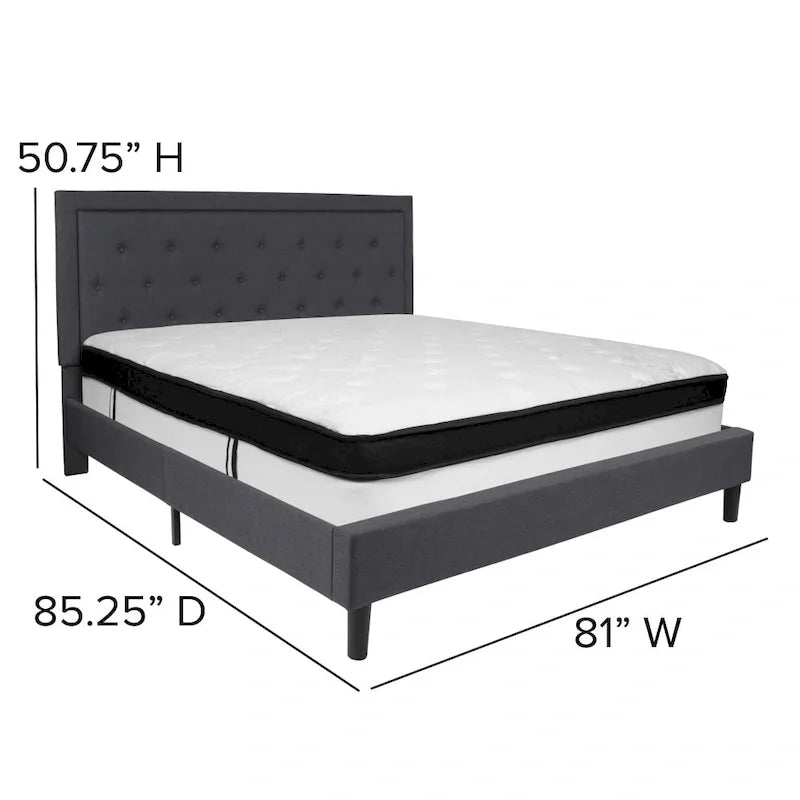 Cadre de lit plateforme capitonné – Gris foncé / Beige / Gris clair / Noir, Simple/Double/Queen/King, 1-2 personnes