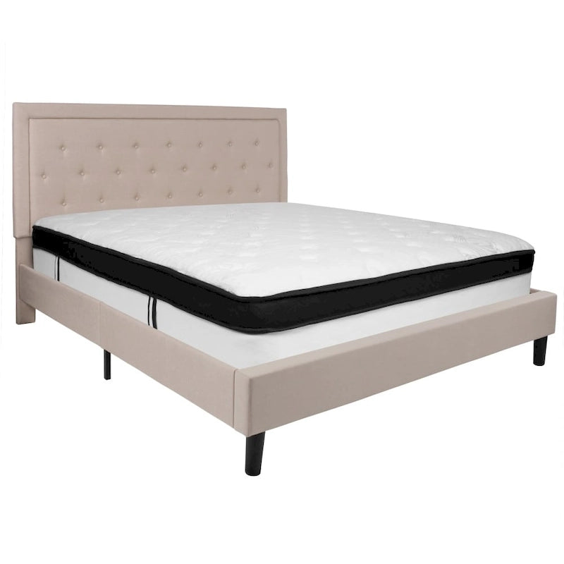 Cadre de lit plateforme capitonné – Gris foncé / Beige / Gris clair / Noir, Simple/Double/Queen/King, 1-2 personnes