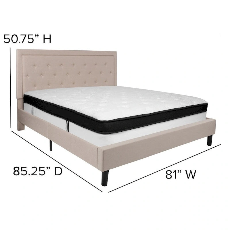 Cadre de lit plateforme capitonné – Gris foncé / Beige / Gris clair / Noir, Simple/Double/Queen/King, 1-2 personnes