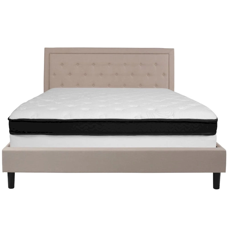 Cadre de lit plateforme capitonné – Gris foncé / Beige / Gris clair / Noir, Simple/Double/Queen/King, 1-2 personnes