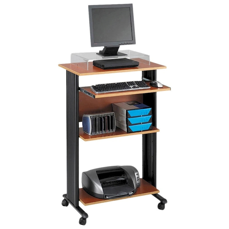 Bureau mobile debout marron/cerise/gris avec rangement pour imprimante – 1 personne