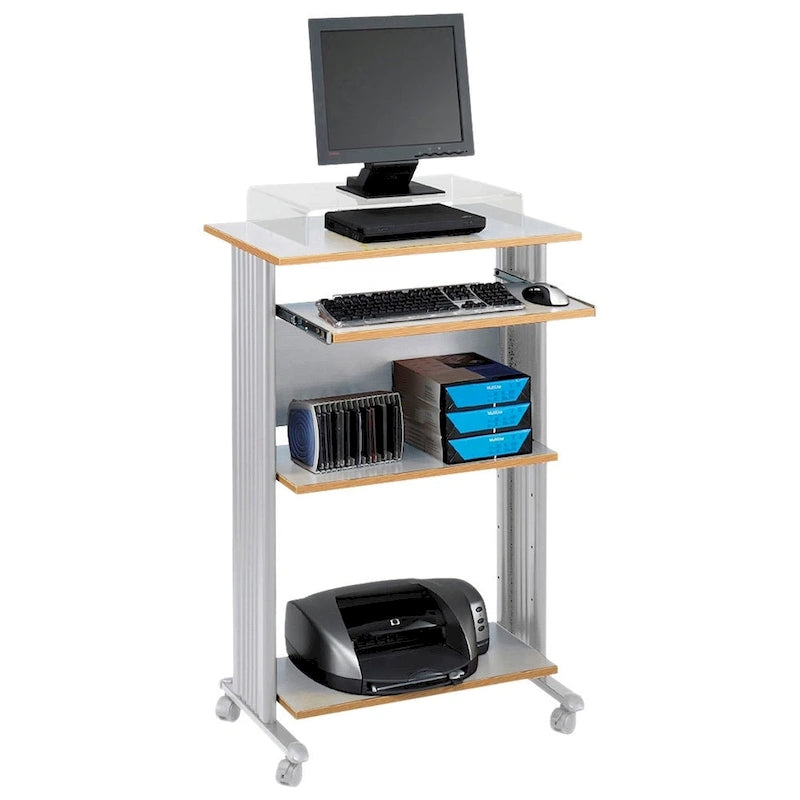 Bureau mobile debout marron/cerise/gris avec rangement pour imprimante – 1 personne