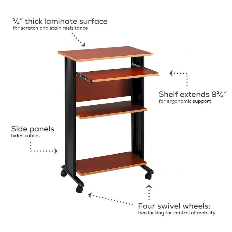 Bureau mobile debout marron/cerise/gris avec rangement pour imprimante – 1 personne