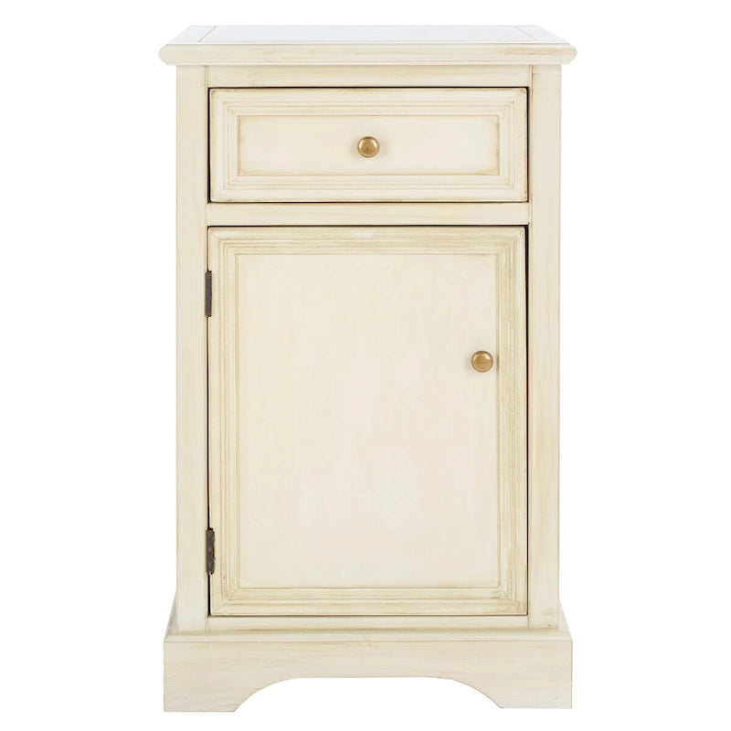 Table de chevet française en orme avec tiroir et placard, coloris orge/bleu sarcelle foncé/gris cendré – 1 personne