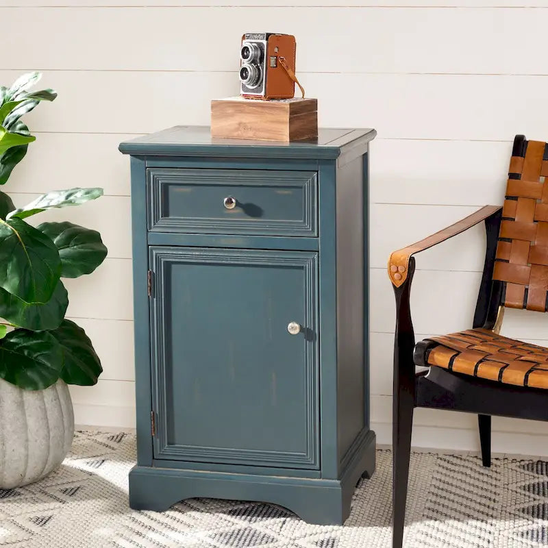 Table de chevet française en orme avec tiroir et placard, coloris orge/bleu sarcelle foncé/gris cendré – 1 personne