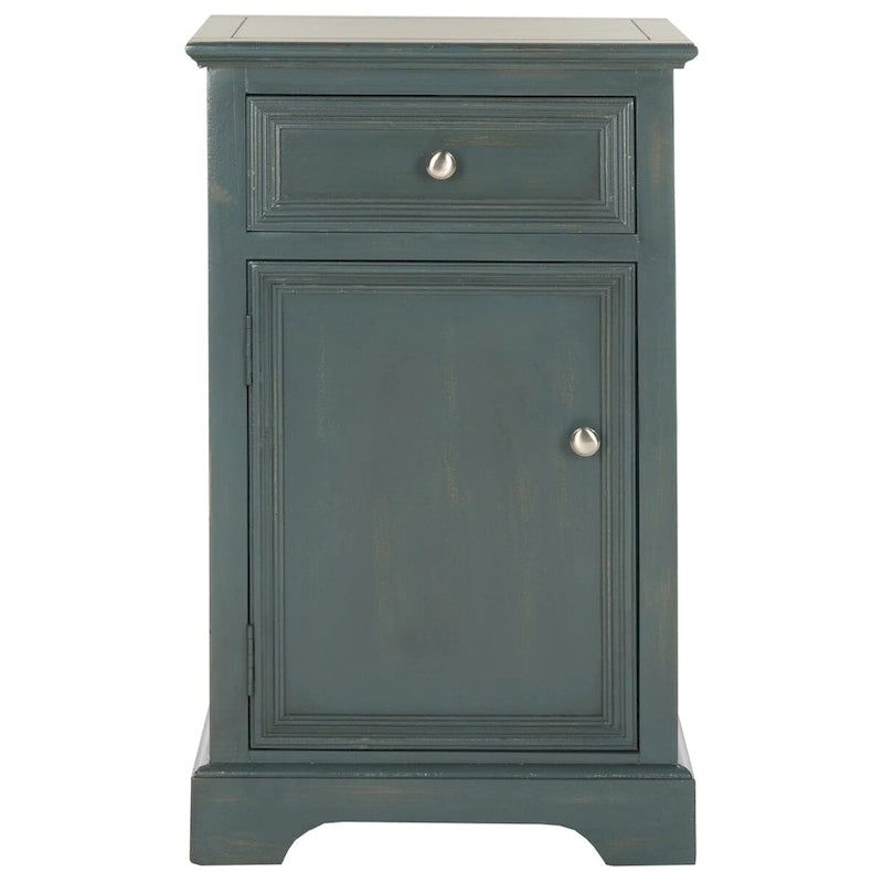 Table de chevet française en orme avec tiroir et placard, coloris orge/bleu sarcelle foncé/gris cendré – 1 personne