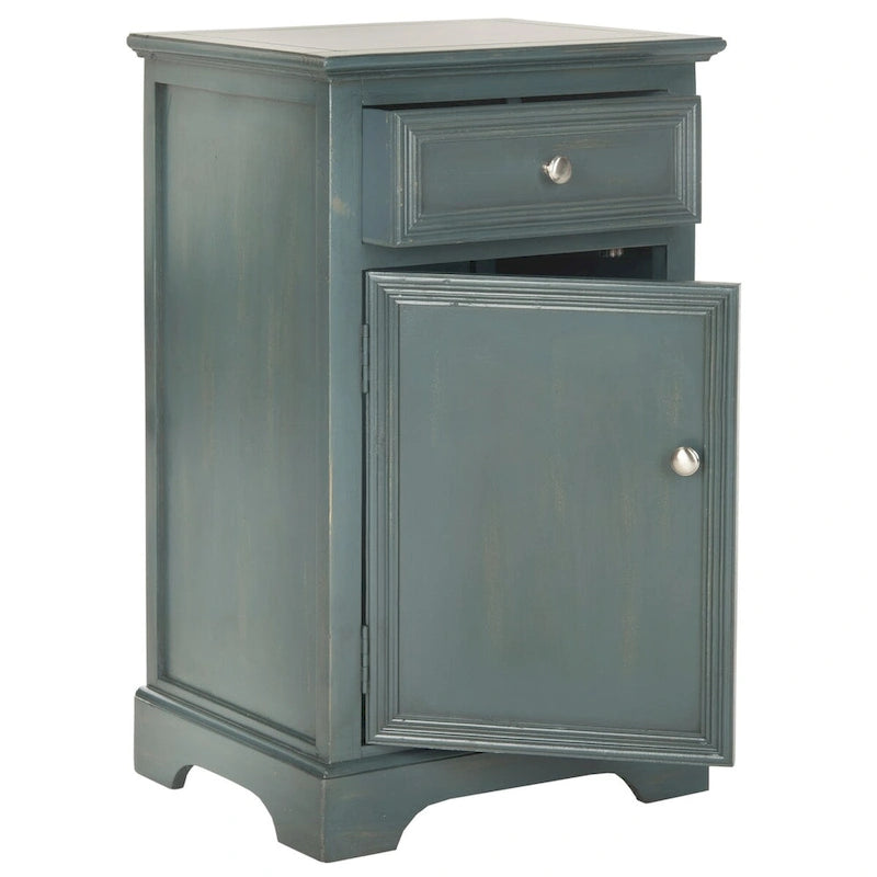 Table de chevet française en orme avec tiroir et placard, coloris orge/bleu sarcelle foncé/gris cendré – 1 personne