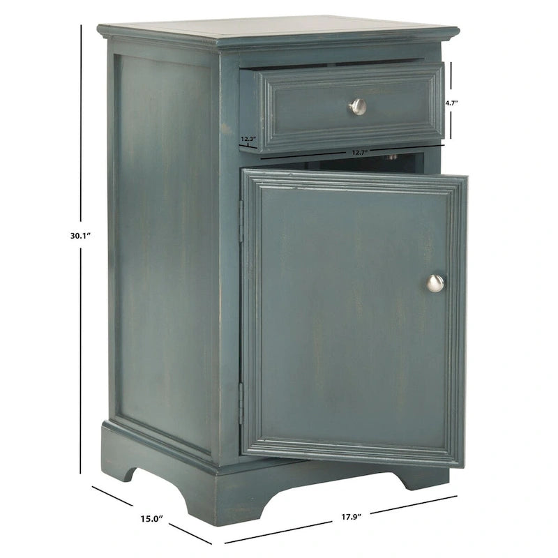 Table de chevet française en orme avec tiroir et placard, coloris orge/bleu sarcelle foncé/gris cendré – 1 personne