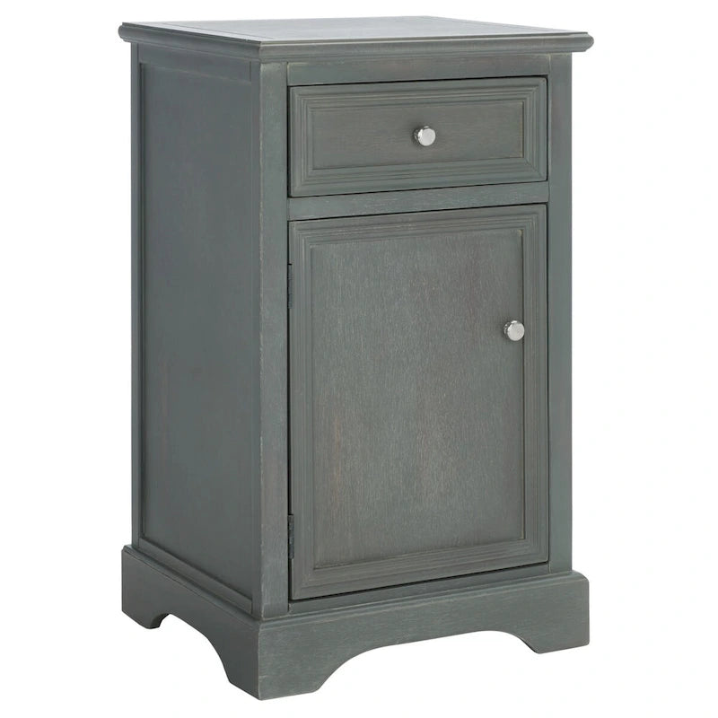 Table de chevet française en orme avec tiroir et placard, coloris orge/bleu sarcelle foncé/gris cendré – 1 personne