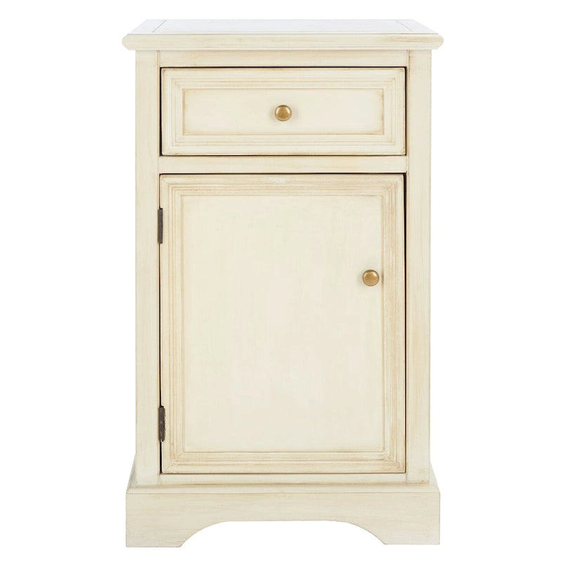Table de chevet française en orme avec tiroir et placard, coloris orge/bleu sarcelle foncé/gris cendré – 1 personne