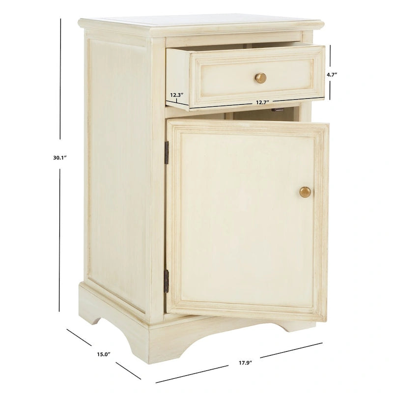 Table de chevet française en orme avec tiroir et placard, coloris orge/bleu sarcelle foncé/gris cendré – 1 personne