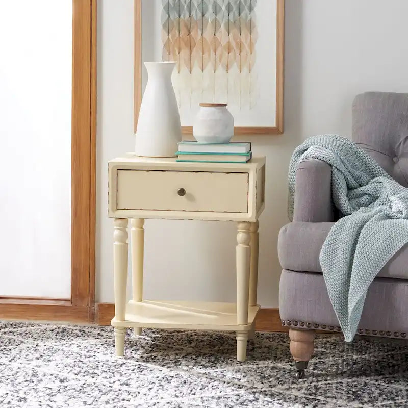 Table d'appoint en pin peinte – Vanille vieillie / Mauve gris / Noire – 1 personne