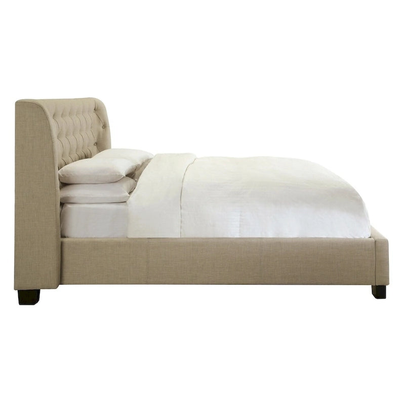 Lit queen en lin beige – capitonné, pied de lit avec rangement, convient pour 2 personnes