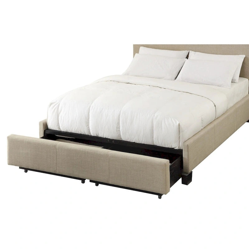 Lit queen en lin beige – capitonné, pied de lit avec rangement, convient pour 2 personnes