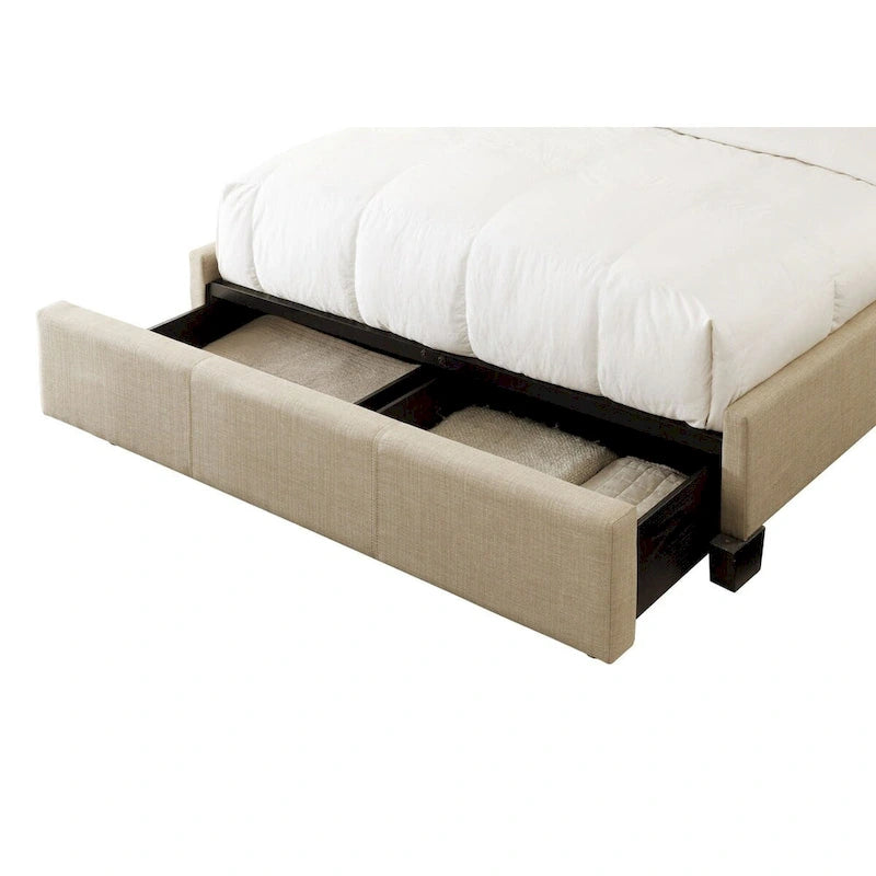 Lit queen en lin beige – capitonné, pied de lit avec rangement, convient pour 2 personnes