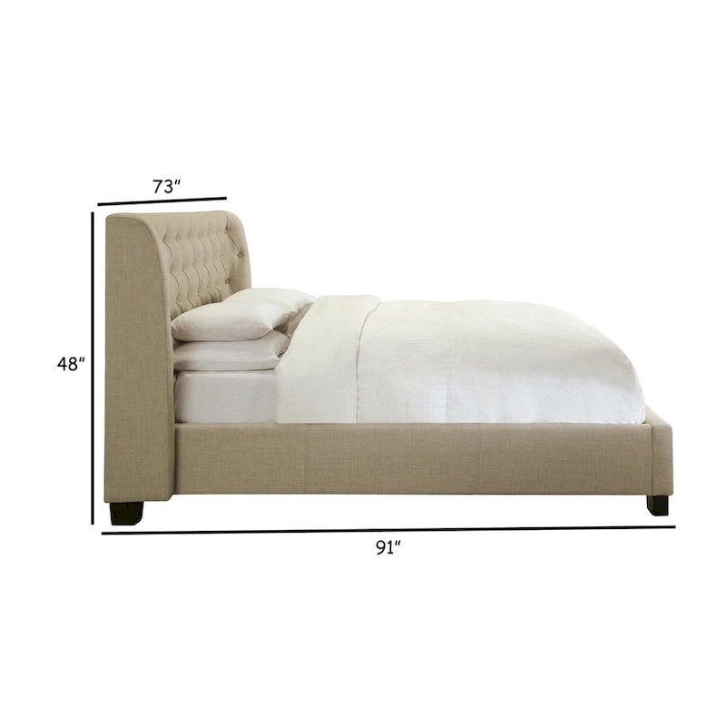 Lit queen en lin beige – capitonné, pied de lit avec rangement, convient pour 2 personnes