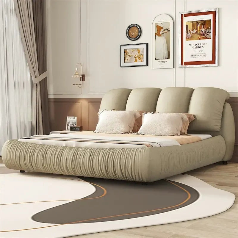 Lit plateforme rembourré 2 places King – Velours / Cuir, 4 couleurs