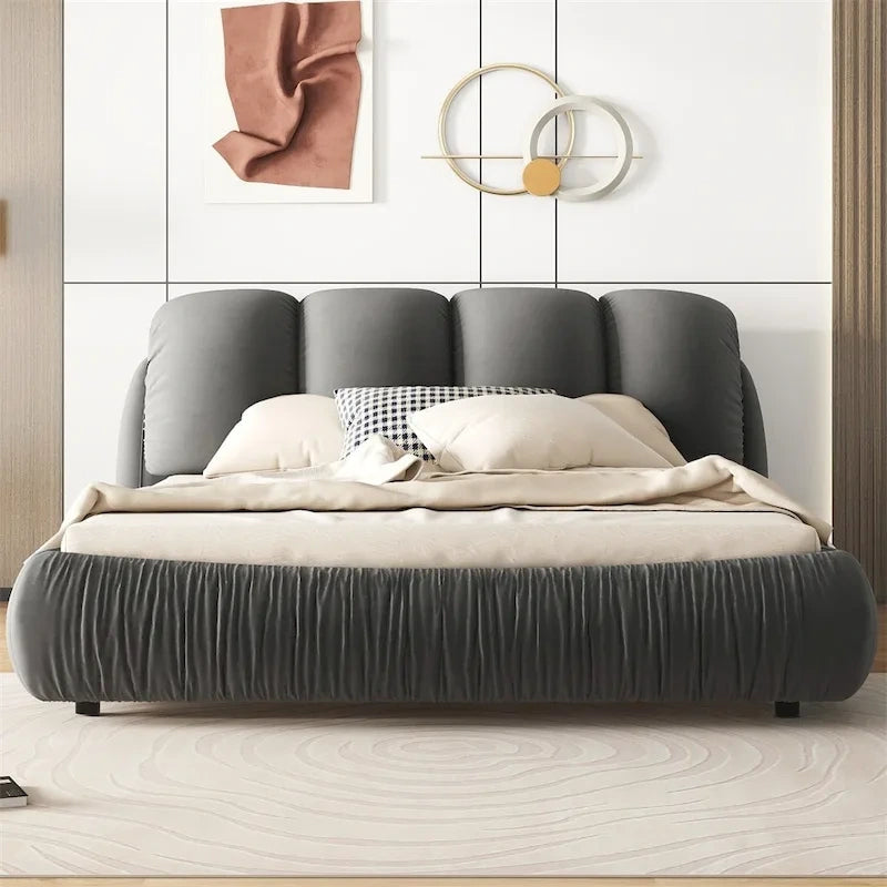 Lit plateforme rembourré 2 places King – Velours / Cuir, 4 couleurs