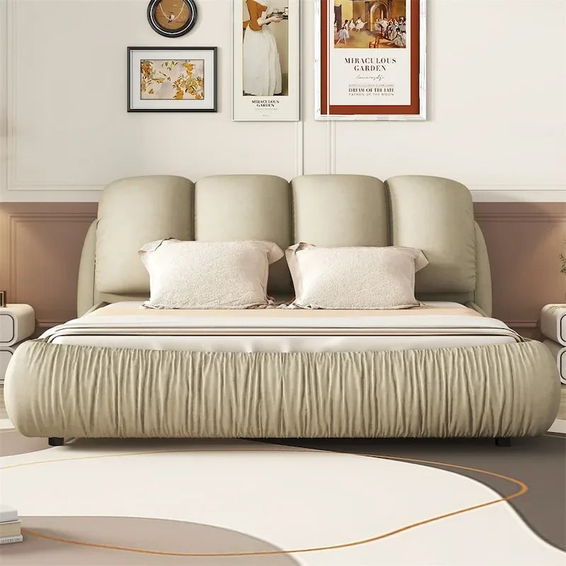 Lit plateforme rembourré 2 places King – Velours / Cuir, 4 couleurs