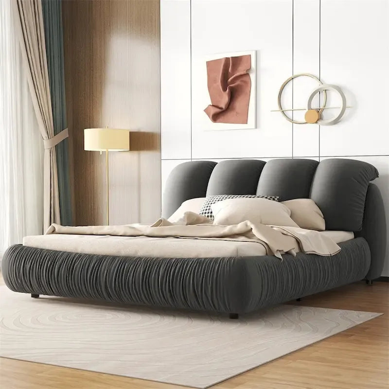 Lit plateforme rembourré 2 places King – Velours / Cuir, 4 couleurs