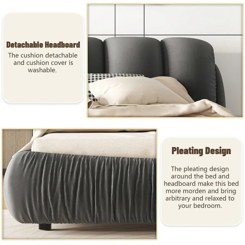 Lit plateforme rembourré 2 places King – Velours / Cuir, 4 couleurs