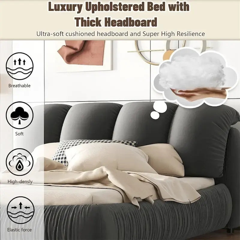 Lit plateforme rembourré 2 places King – Velours / Cuir, 4 couleurs