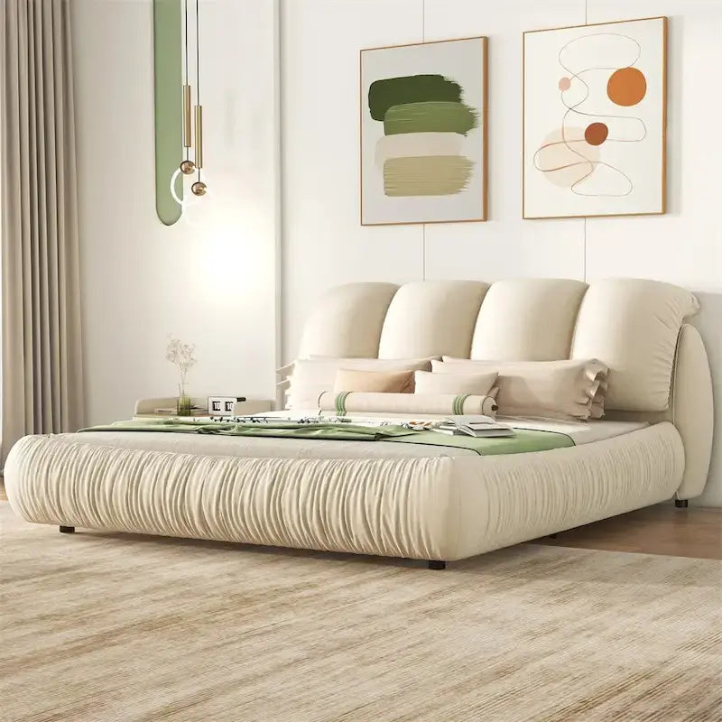 Lit plateforme rembourré 2 places King – Velours / Cuir, 4 couleurs
