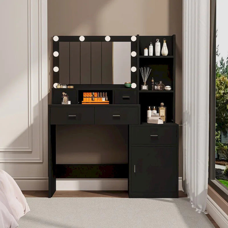 Coiffeuse noire éclairée, pour une personne, avec tiroirs