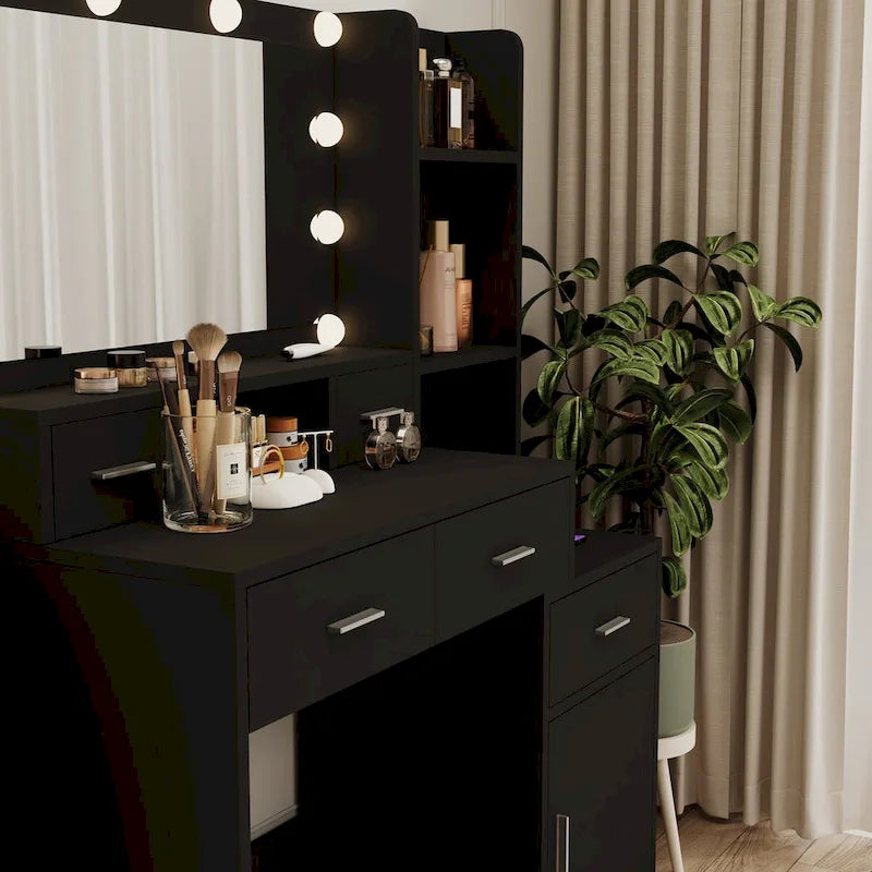 Coiffeuse noire éclairée, pour une personne, avec tiroirs