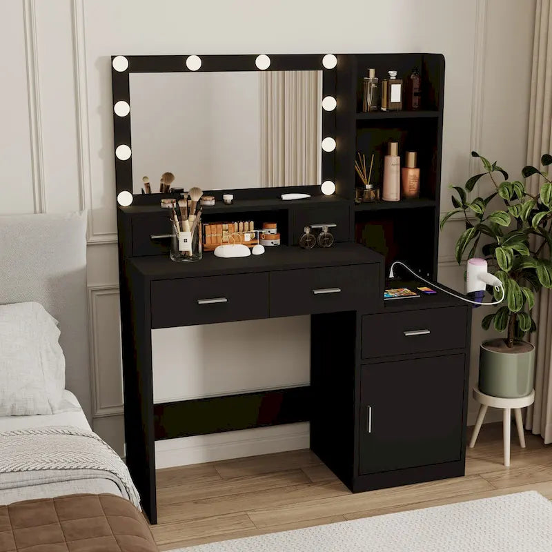 Coiffeuse noire éclairée, pour une personne, avec tiroirs