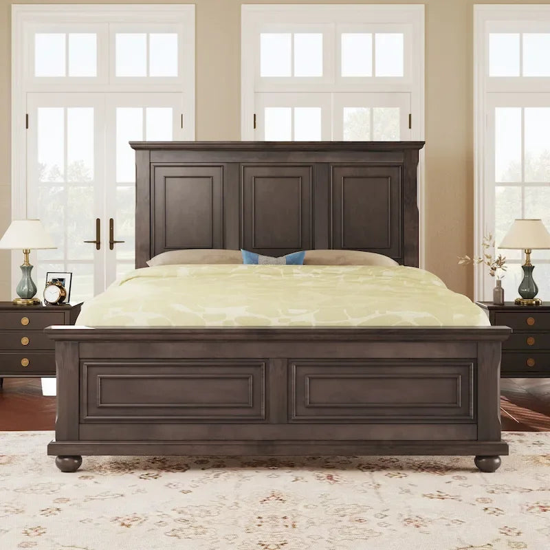 Cadre de lit plateforme en pin massif marron / blanc / gris pierre – Lit simple / double / queen, 1 à 2 personnes