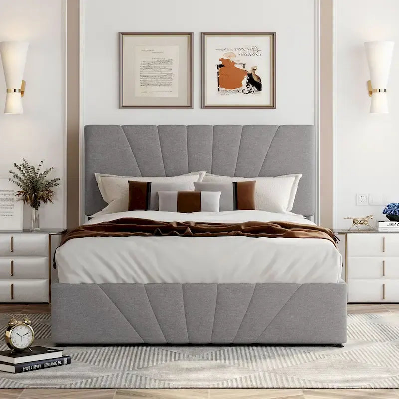 Lit plateforme capitonné gris/beige avec rangement hydraulique – Grand lit/Très grand lit, 1-2 personnes
