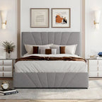 Lit plateforme capitonné gris/beige avec rangement hydraulique – Grand lit/Très grand lit, 1-2 personnes
