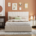 Lit plateforme capitonné gris/beige avec rangement hydraulique – Grand lit/Très grand lit, 1-2 personnes