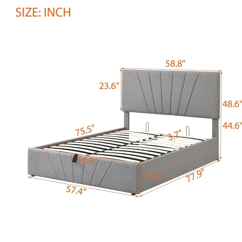 Lit plateforme capitonné gris/beige avec rangement hydraulique – Grand lit/Très grand lit, 1-2 personnes