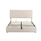 Lit plateforme capitonné gris/beige avec rangement hydraulique – Grand lit/Très grand lit, 1-2 personnes