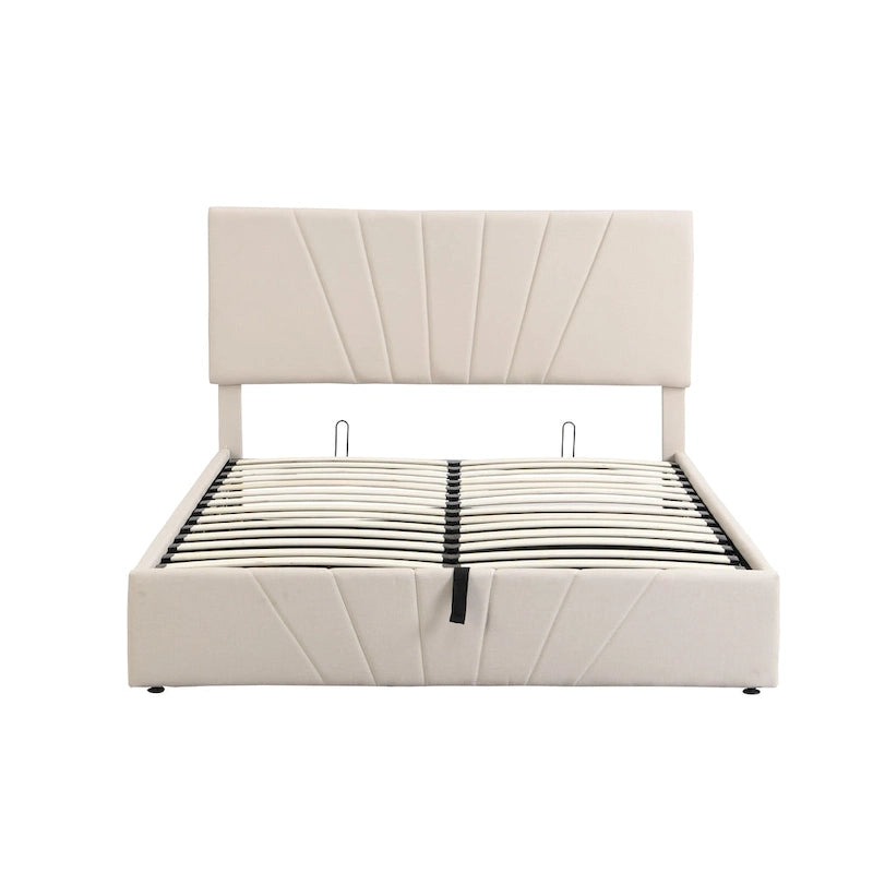 Lit plateforme capitonné gris/beige avec rangement hydraulique – Grand lit/Très grand lit, 1-2 personnes