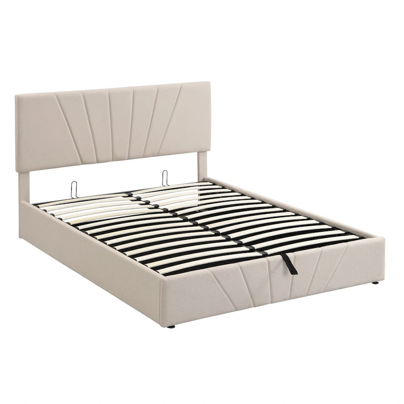 Lit plateforme capitonné gris/beige avec rangement hydraulique – Grand lit/Très grand lit, 1-2 personnes