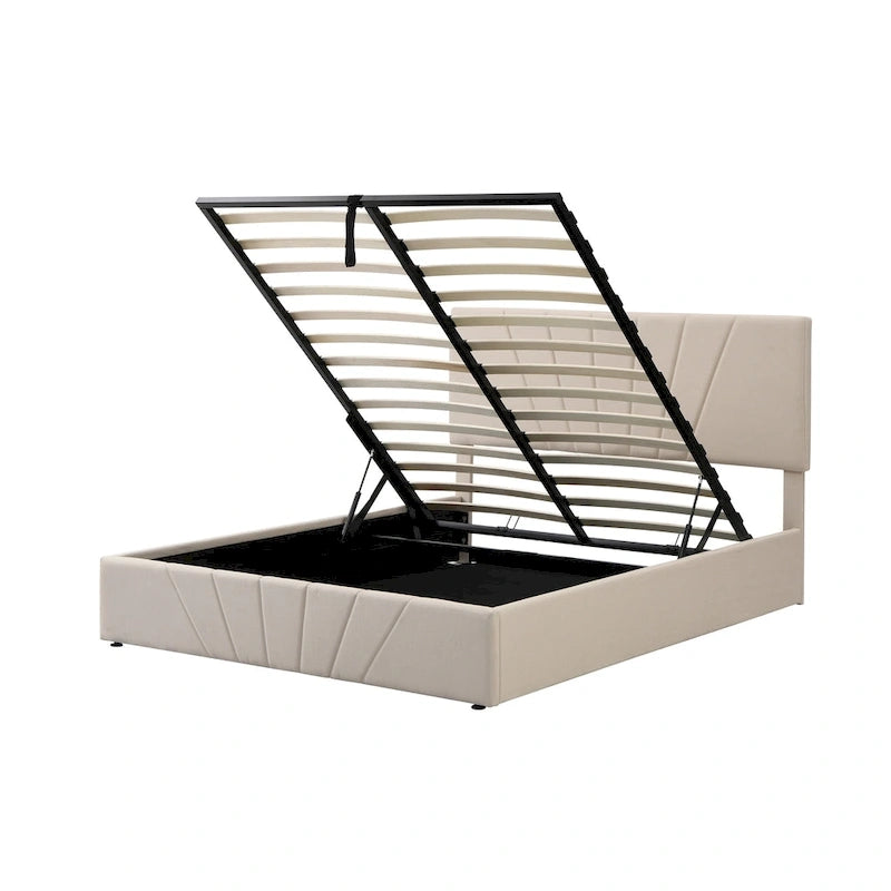 Lit plateforme capitonné gris/beige avec rangement hydraulique – Grand lit/Très grand lit, 1-2 personnes