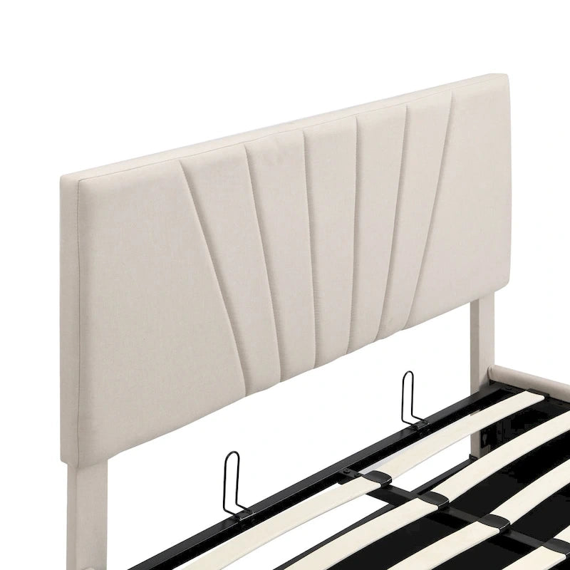 Lit plateforme capitonné gris/beige avec rangement hydraulique – Grand lit/Très grand lit, 1-2 personnes