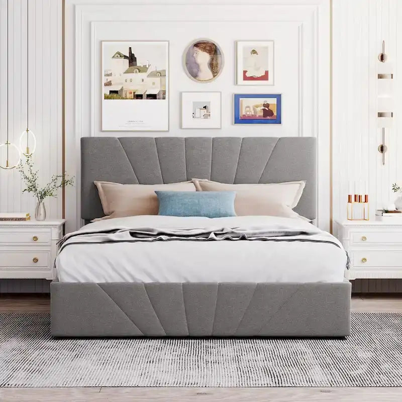Lit plateforme capitonné gris/beige avec rangement hydraulique – Grand lit/Très grand lit, 1-2 personnes