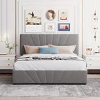 Lit plateforme capitonné gris/beige avec rangement hydraulique – Grand lit/Très grand lit, 1-2 personnes