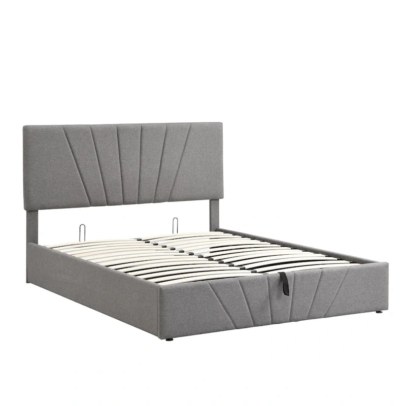 Lit plateforme capitonné gris/beige avec rangement hydraulique – Grand lit/Très grand lit, 1-2 personnes